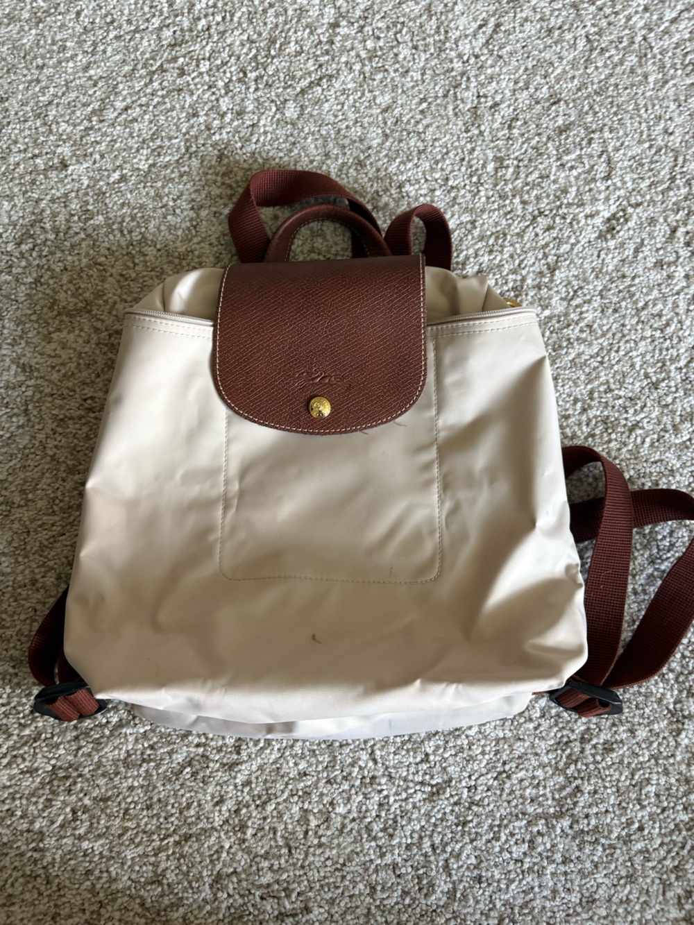 Longchamp Beige Backpack with Brown Flap and Straps